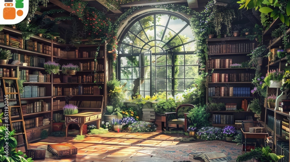 Wall mural a cozy reading nook with a wooden table and chairs, adorned with a potted plant and purple flower, overlooking a large window adorned with a white sign - Wall murals