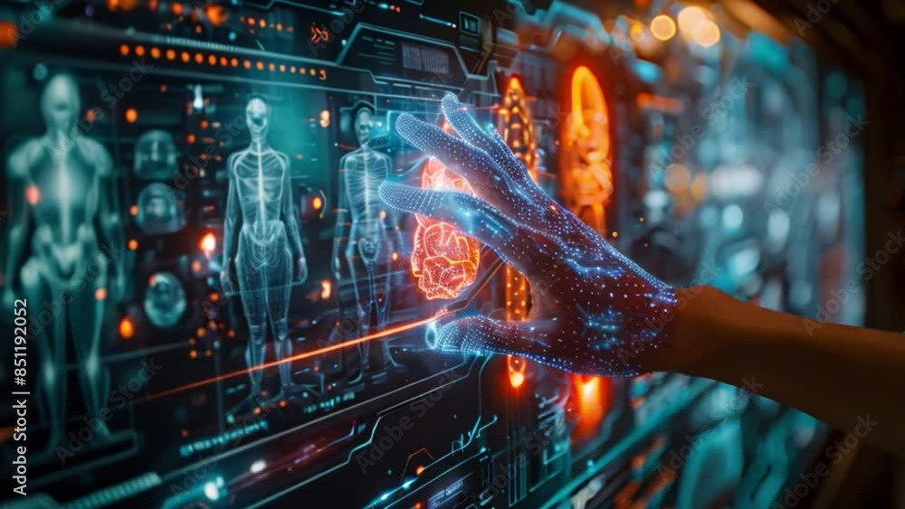 Poster a holographic display shows a digital model of the human body, while a hand interacts with the scree