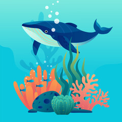 A whale swimming through the corals, seaweed, and sponges at the bottom of the sea, an illustration for marine environment protection.