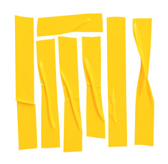Top view set of wrinkled or crumpled yellow adhesive vinyl tape or cloth tape in stripe shape isolated with clipping path in png file format