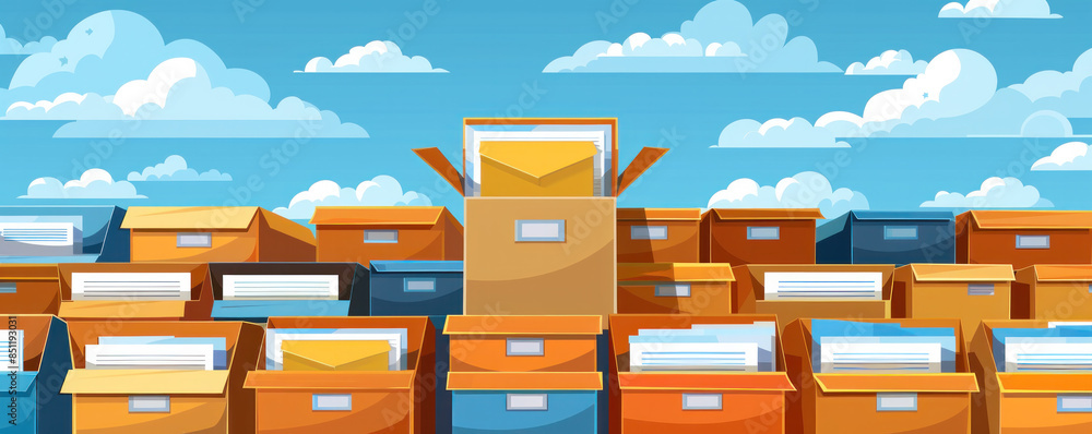 Poster a stack of boxes with one open and a letter inside. the boxes are all different sizes and colors