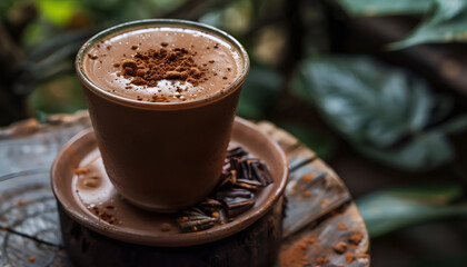 Ideas for hot chocolate served on winter mornings, drinks, restaurants, chocolate, cocoa beans, nutrition, health, ceramic cups, mugs, AI-generated.
