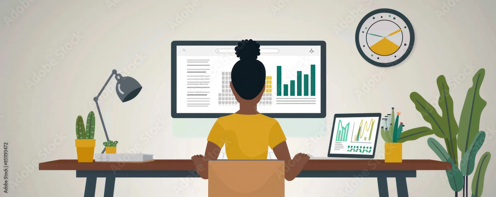 Poster a woman is sitting at a desk with a computer monitor and a clock on the wall. she is working on a pr