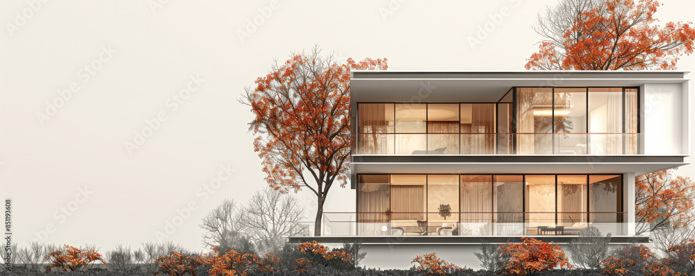 Poster a large white house with a tree in front of it. the house is surrounded by a white fence and has a b