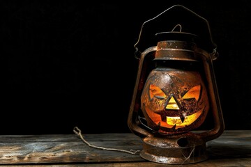 A scary old Halloween lantern on black, pumpkin - generative ai