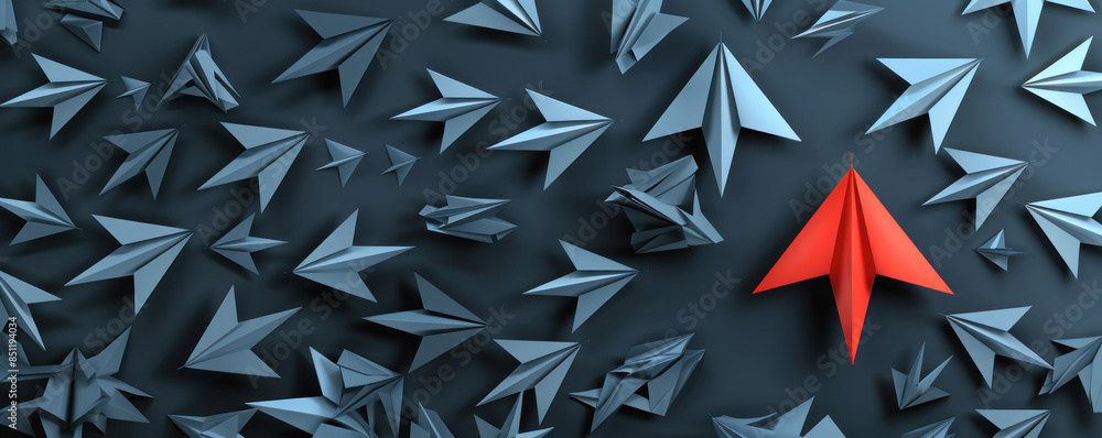 Poster a blue background with many paper airplanes and a red arrow pointing to one. concept of movement and