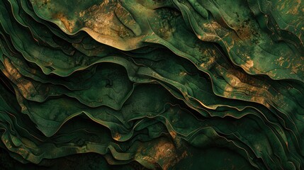 Fototapeta premium Abstract ribbed dark green background with unique mottled brown surface