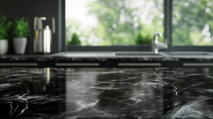 empty beautiful black marble table top counter and blur bokeh modern kitchen interior background in clean and bright.