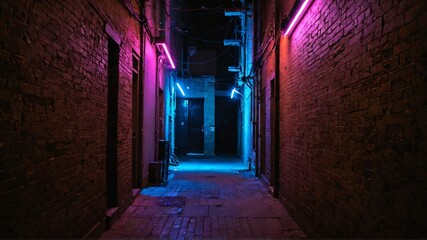 Neon Lit Brick Alleyway.