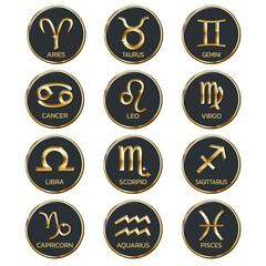 set of golden zodiac signs
