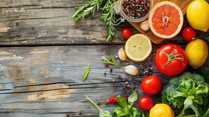 Top view of healthy food ingredients on rustic wooden board Concept of healthy living