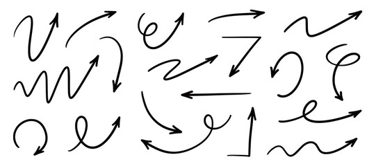 Arrow vector hand drawn sketch icon set. Doodle sketch hand drawn direction element set. Pencil doodle flat line design cartoon elements. Scribble swirl arrow sign. Vector illustration.