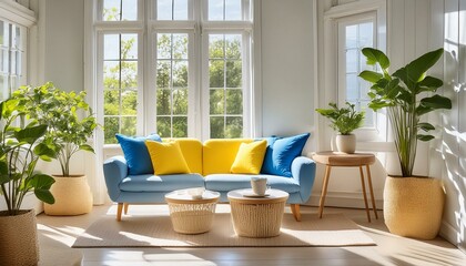 comfortable room, beautiful, white, contemporary, modern, furniture, decor, table, windows, design, house, home, yellow, blue