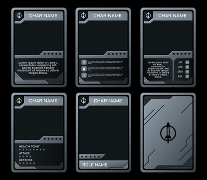 card game design with modern technology theme with silver color like iron, for game card design, print, and resources
