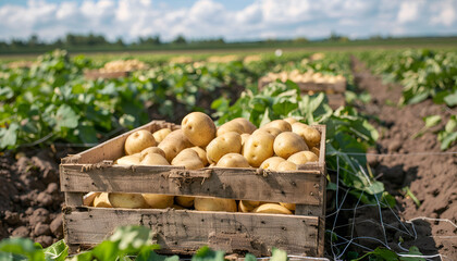 Image of fresh potatoes harvested on a farm, crop, agriculture, food, potatoes, plants, health, farm, business, green, yellow, sky, daytime, sunlight, outdoor, AI-generated.