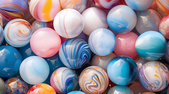 Colorful Easter eggs on a blue background with toy balls and decorations - Powered by Adobe