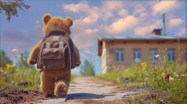 Teddy bear on the road on school building background. Seamless looping time-lapse 4k video animation background
