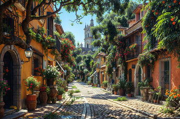 Fototapeta premium Charming village street lined with colorful buildings, vibrant flowers, and lush greenery under a clear blue sky