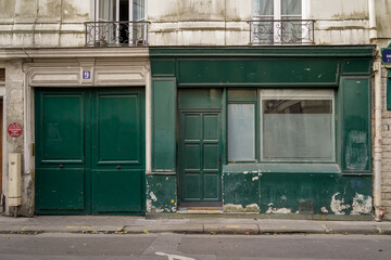 vintage french boutique storefront , facade mockup