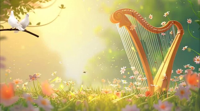 Harp with doves in the park. Seamless looping time-lapse 4k video animation background