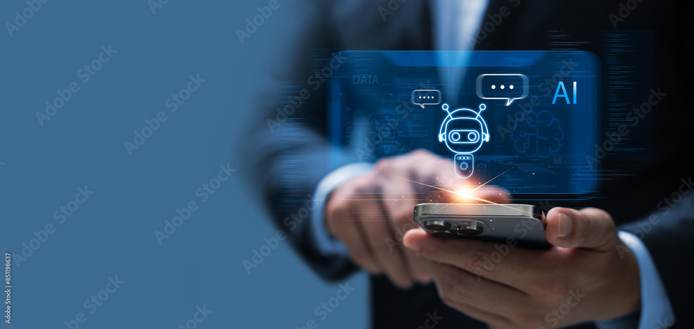 Poster businessmen use smartphones to work with ai applications to help optimize human work. artificial int