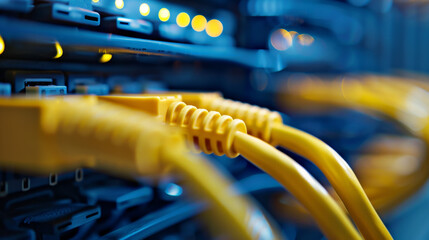 A close up of yellow network cables and a dark blue server rack in the background