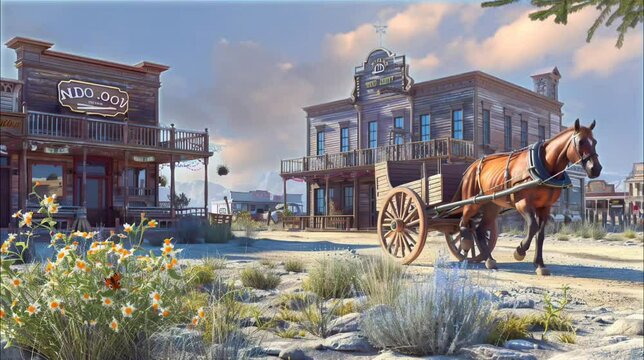 Horse and carriage in front of a house in the old town. Seamless looping time-lapse 4k video animation background	

