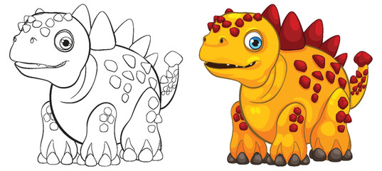Cute dinosaur in color and outline versions