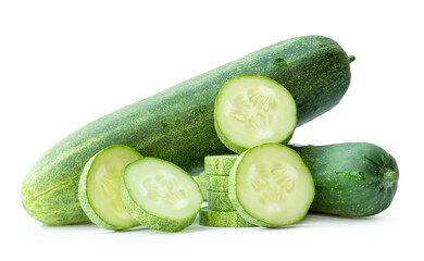 Side view of fresh green cucumbers with slices in stack isolated with clipping path and shadow in png file format