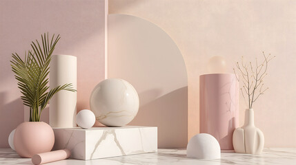 Fototapeta premium 3d abstract display white mable podium with soft pink color and white ball in the minimal style, 3d rendering