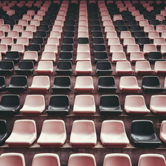 Fototapeta premium Seats of black tribune on sport stadium. empty outdoor arena. concept of fans. chairs for audience. cultural environment concept. color and symmetry. empty seats