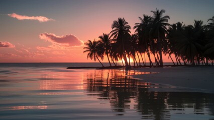 Obraz premium A serene beach at sunset with vibrant orange and pink hues reflecting off the calm ocean water, silhouetted palm trees in the foreground, and a clear sky with a few scattered clouds.