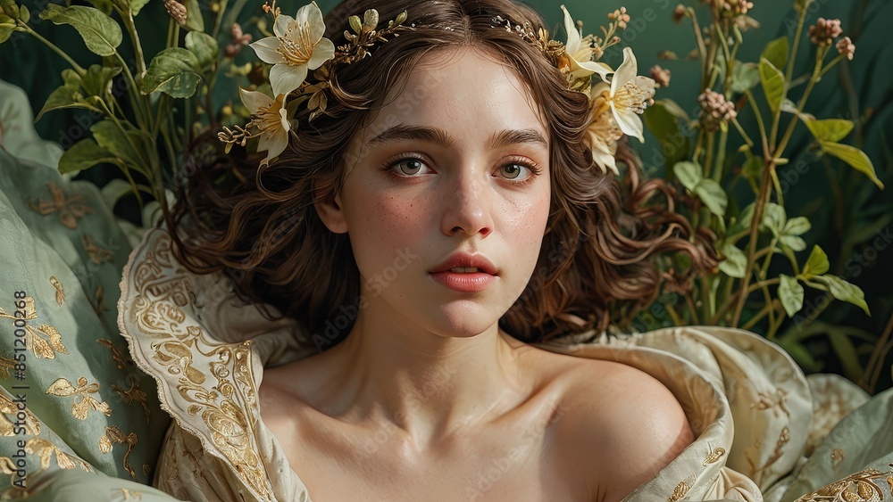 Poster Portrait of a Beautiful Woman with Flowers in Her Hair.