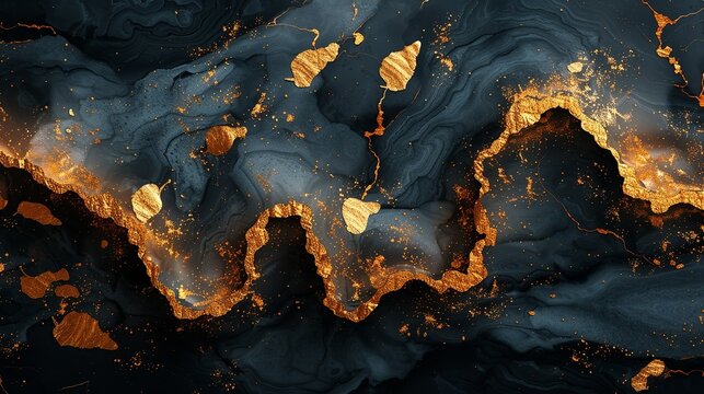 An abstract background with a blend of gold leaf patterns on a black marble texture, creating a rich, opulent visual that captures the essence of luxury and sophistication. Abstract Backgrounds