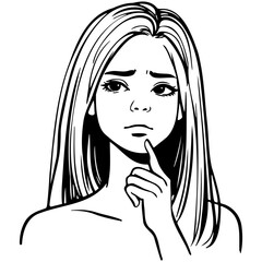 Woman Face Thinking Line Art.