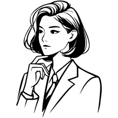 Woman Face Thinking Line Art.