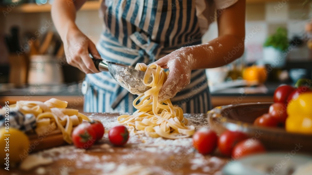 Wall mural person making fresh pasta from scratch in a home kitchen