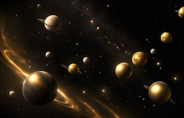 A hypothetical diagram of the universe's Milky Way, with stars exploding and planets orbiting in pitch black space.