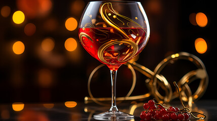 A glass of red wine with assorted berries on a wooden table.