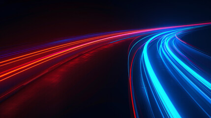 Abstract motion blur light trail background, blue and red neon color on black night sky for speed effect in highway road tunnel or cityscape with futuristic concept of technology
