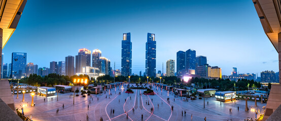 Evening City Skyline with Modern Skyscrapers