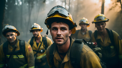 Fototapeta premium Group of Firefighters in Action in Smoky Forest
