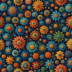 Abstract Floral Pattern with Sunflowers and Daisies.