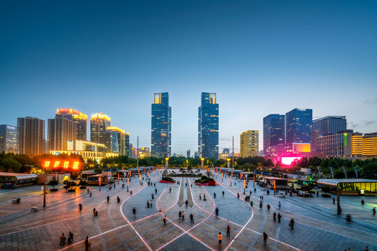 Vibrant Urban Square at Dusk