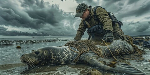 Naklejka premium A wildlife biologist carefully removes a fishing net from a seal caught in the net. AI.
