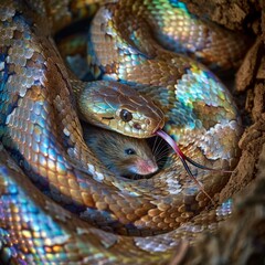Fototapeta premium The image shows a mouse curled up in fear as a snake slithers around it, preparing to strike. AI.