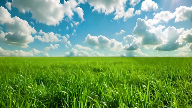 A wide shot of a green grass field under a bright blue sky with fluffy white clouds.