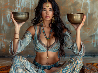 A woman holds a Tibetan singing bowl, embracing spirituality and relaxation through sound therapy. The photo captures a serene moment of meditation and mindfulness.