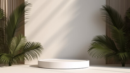 3D rendering platform podium with plant product presentation white background with sunlight