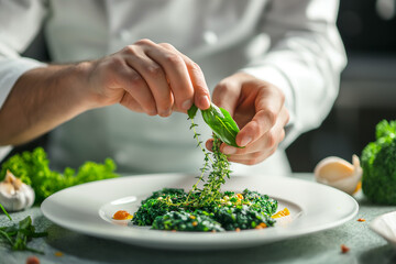 Close-up of the hands of a professional chef Make vegetable salad in the restaurant kitchen Spoon salad vegetables onto plates. Healthy food concept. Hotel